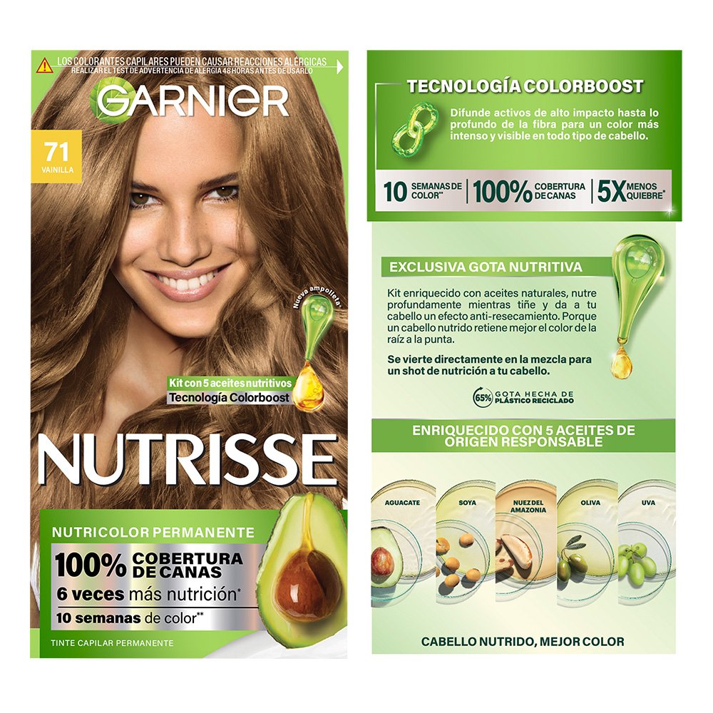 GARNIER NUTRISSE, NUTRISSE, NUTRISSE REGULAR, COLORACIÓN DE CABELLO, TINTE DE CABELLO, COLOR INTENSO, COLORACIÓN, FÓRMULA VEGANA, CRUELTY FREE, TONO 71, VAINILLA